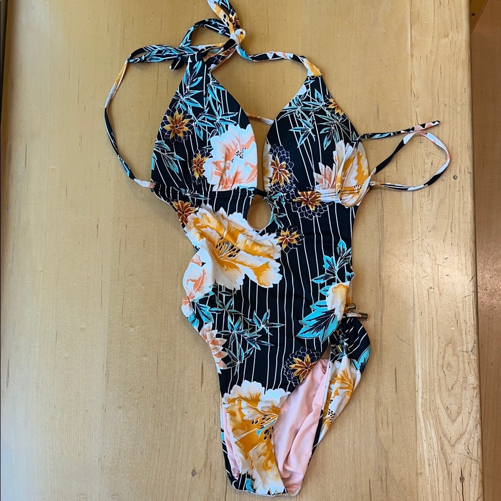 Kids Floral One-Piece Swimsuit - Black with Yellow & Teal Flowers